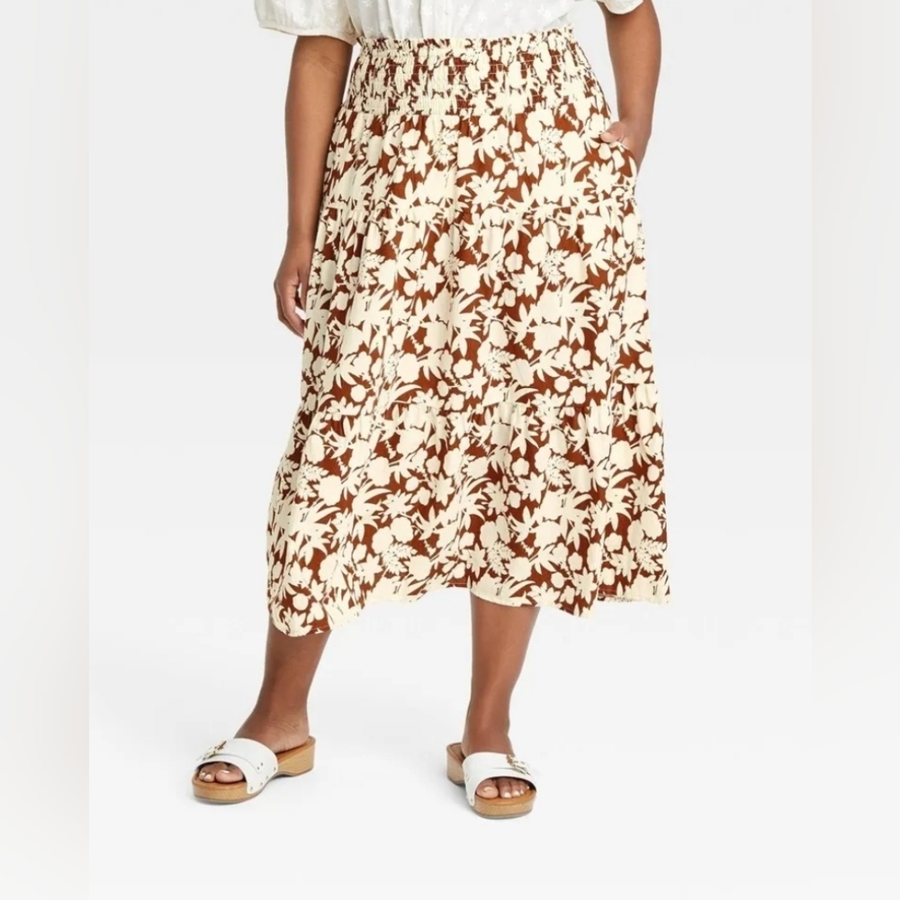 Universal Threads Plus Size High-Rise Tiered Midi Skirt - Brown Floral Plus 4X